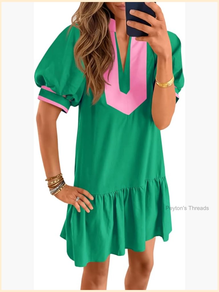 Casual Short Puff Sleeve V Neck Color Block Mini Dress With Pockets